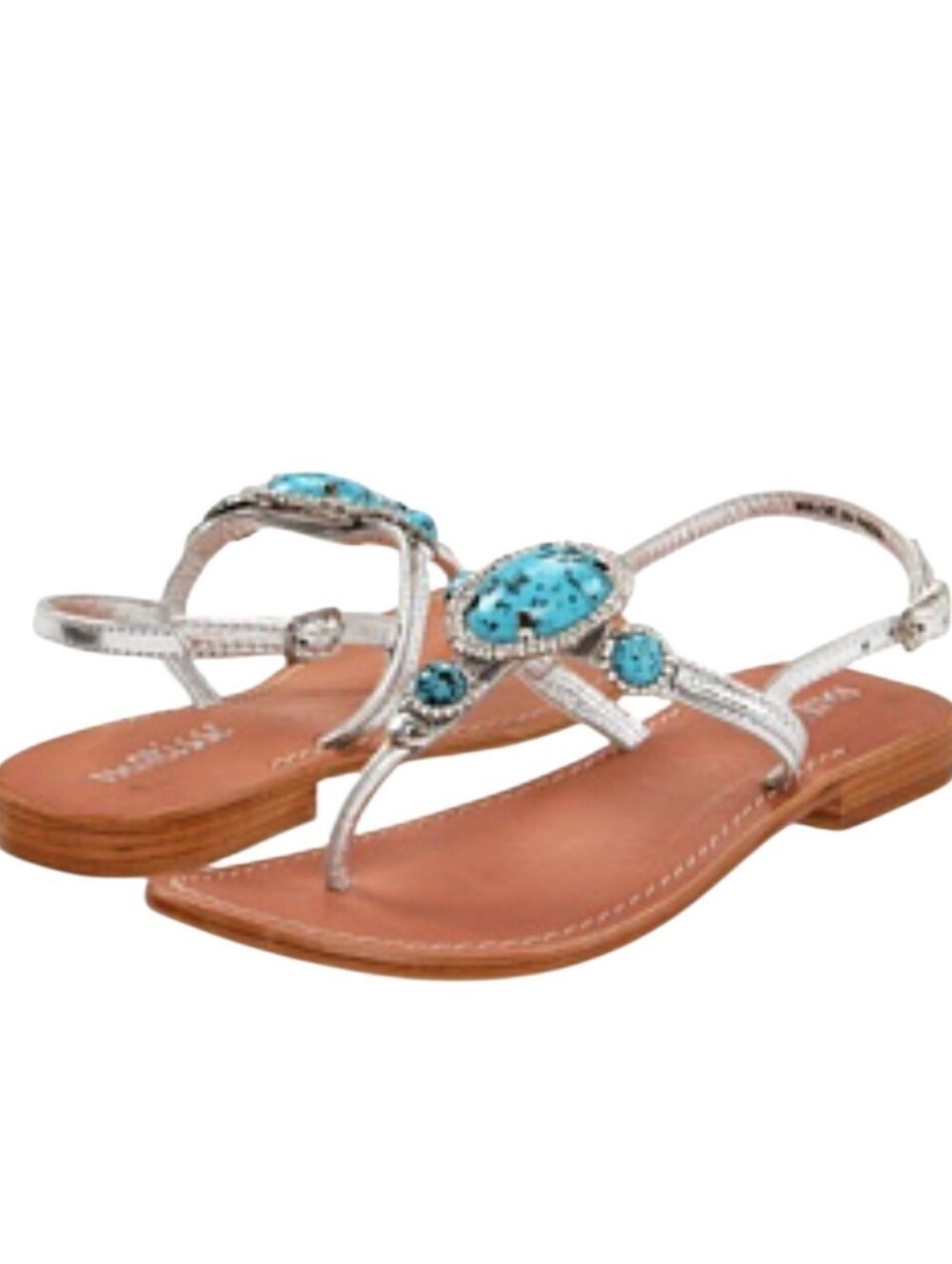 MATISSE | Silver Leather Thong Sandals w/ Turquoise & Rhinestone, Sz. 10